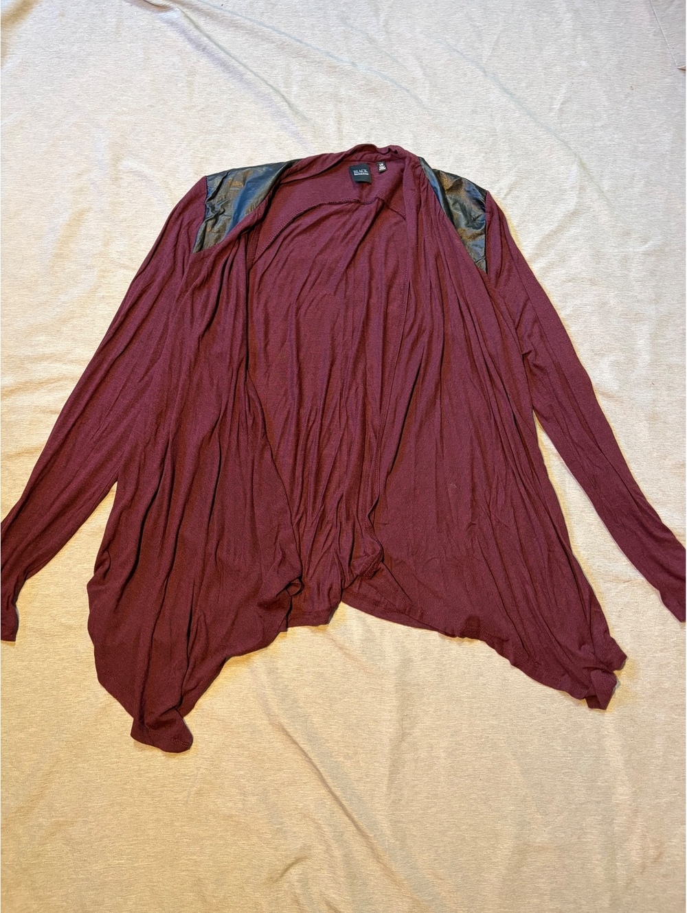 BLACK Saks Fifth Avenue Cardigan L Burgundy Faux Leather Shoulder Waterfall